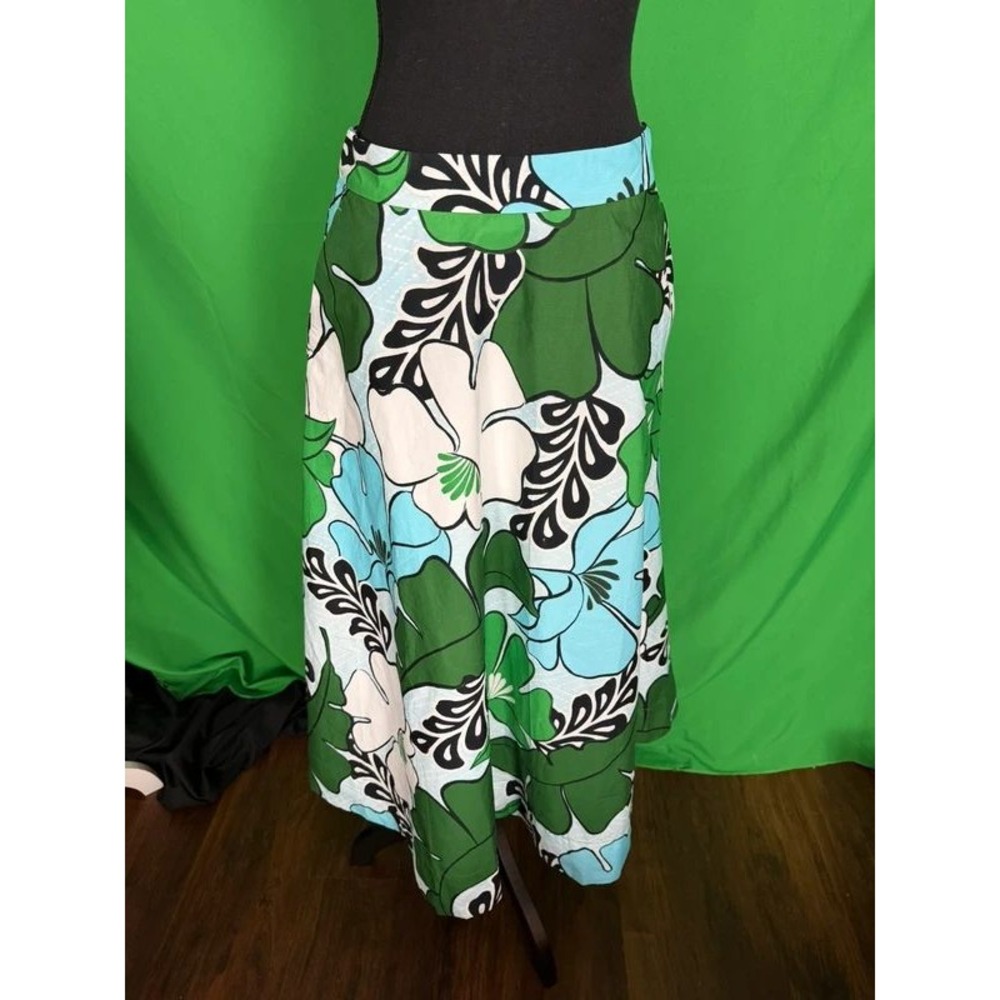 Ann Taylor Womens 2 Tropical Floral Cotton Midi Skirt Green Blue A Line